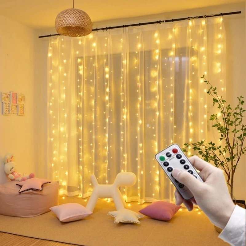 ม่านไฟ Led ไฟประดับตกแต่ง 300 ดวง ไฟตกแต่งเทศกาล ปรับได้ 8 จังหวะ ม่านสายสตริงไฟ